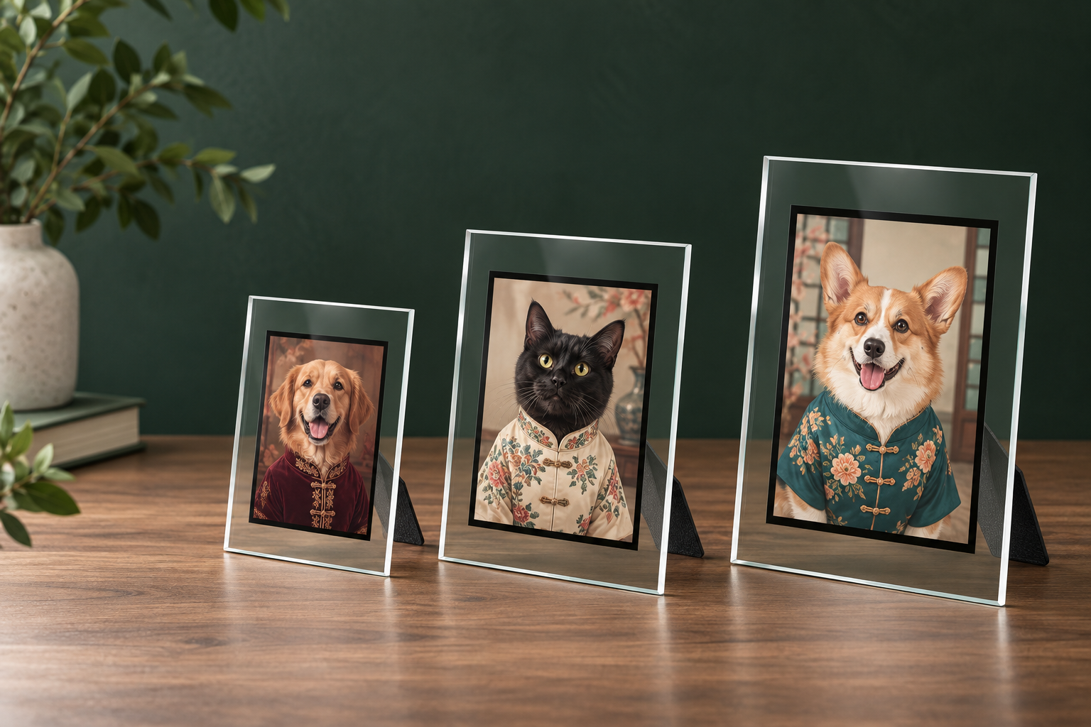 Three custom pet portraits displayed in 5, 6 and 7 inch glass frames