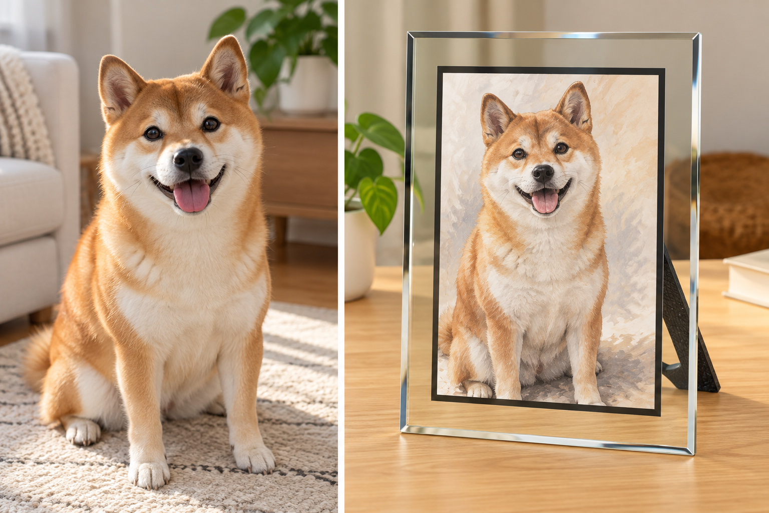 A pet photo transformed into a framed custom portrait